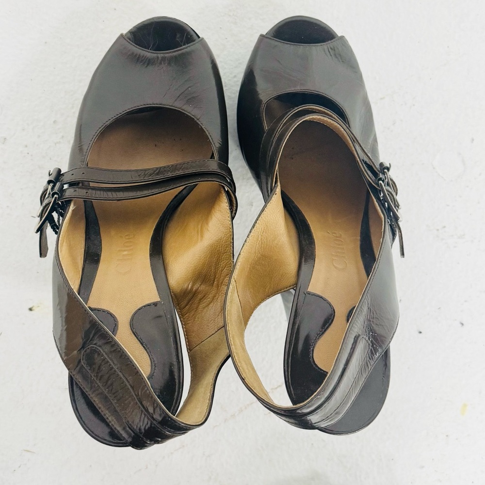 Chloe Brown Patent Peep-Toe Horseshoe Women's Shoes